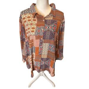 NWT Rose & Olive Multicolor Patchwork Gorgeous Button Down Blouse Sz 3x